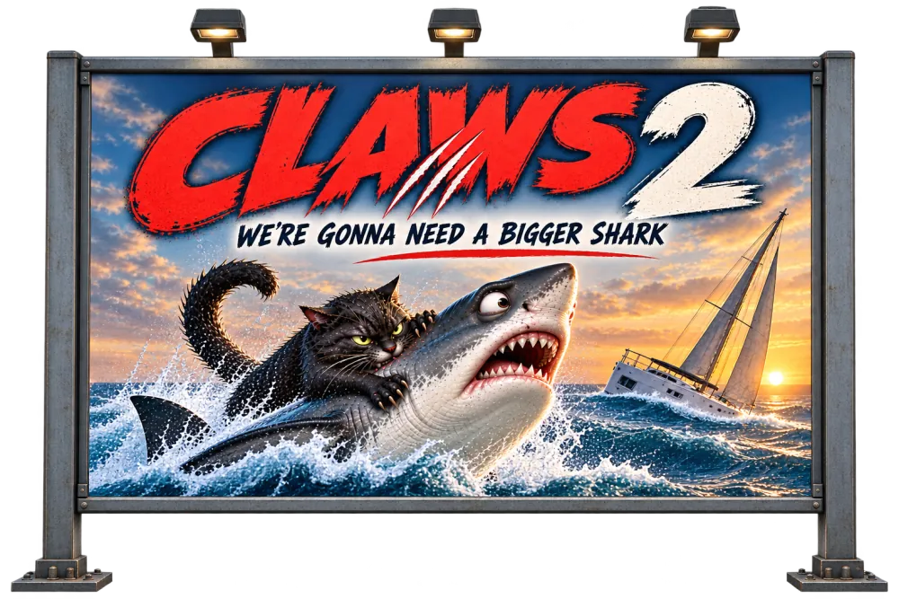 Billboard sprite with a film poster: "Claws 2 – We're gonna need a bigger shark", a cat attacking a shark