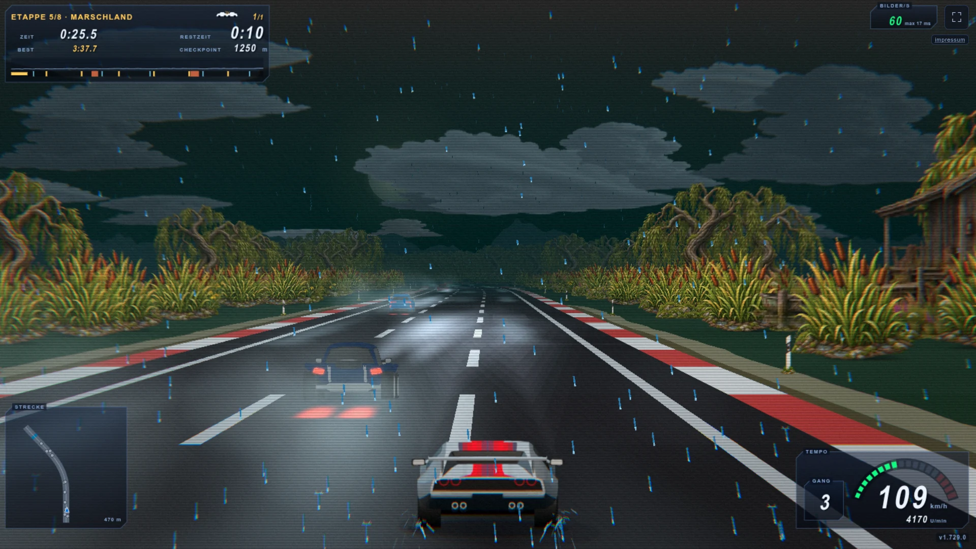Fluchtpunkt: night drive in the rain in the Marshland with spray, headlights and a wet road