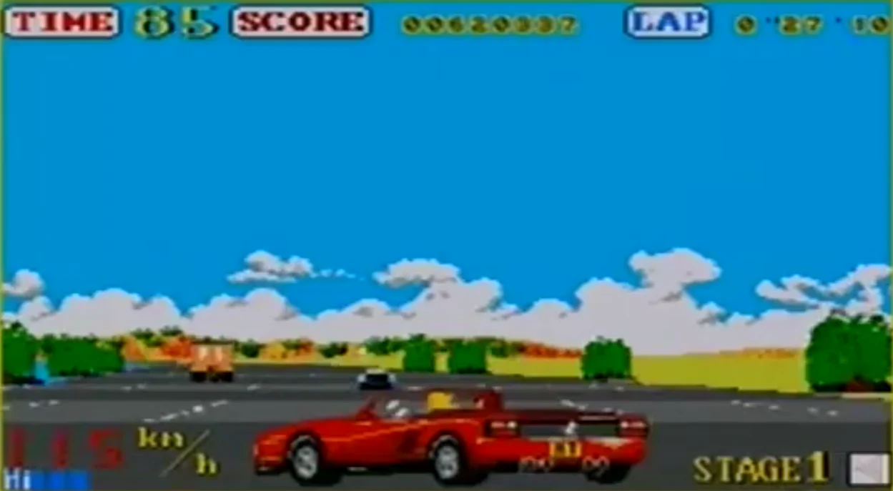 Outrun on the Amiga: the car turns sideways across the road