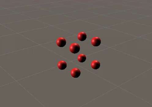 Four red spheres arranged on the edges of a cube